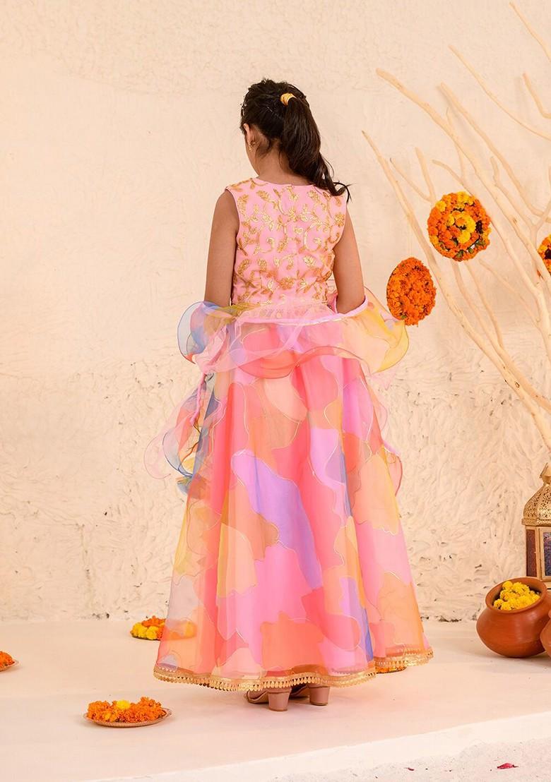 Pink Embroidered Poly Blend Lehenga Set With Dupatta For Girls