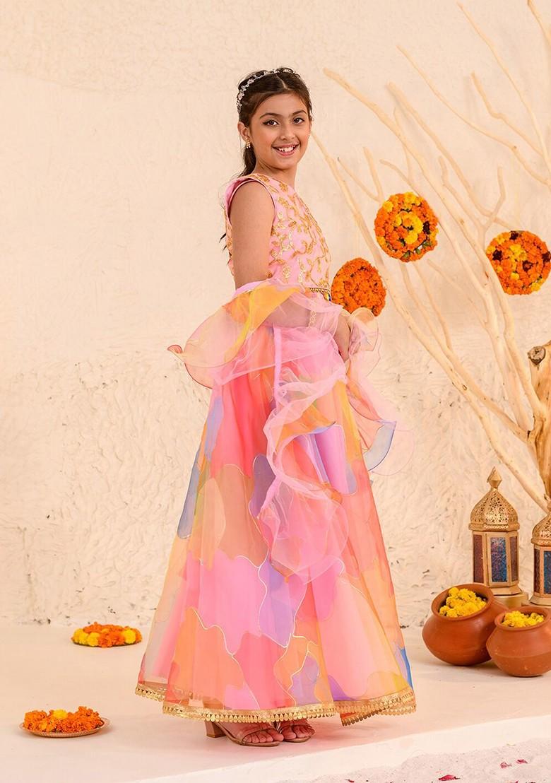 Pink Embroidered Poly Blend Lehenga Set With Dupatta For Girls