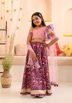 Purple Printed Poly Blend Lehenga Set With Dupatta For Girls