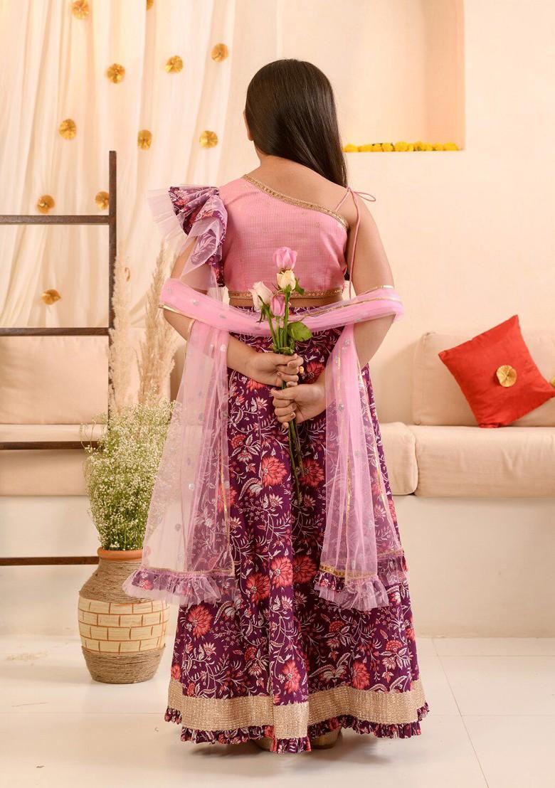 Purple Printed Poly Blend Lehenga Set With Dupatta For Girls