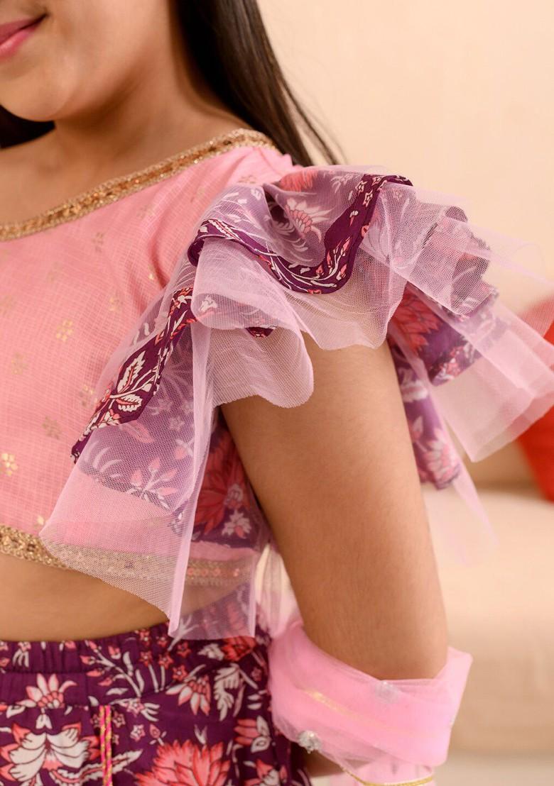 Purple Printed Poly Blend Lehenga Set With Dupatta For Girls