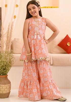 Peach Printed Poly Blend Salwar Kameez For Girls