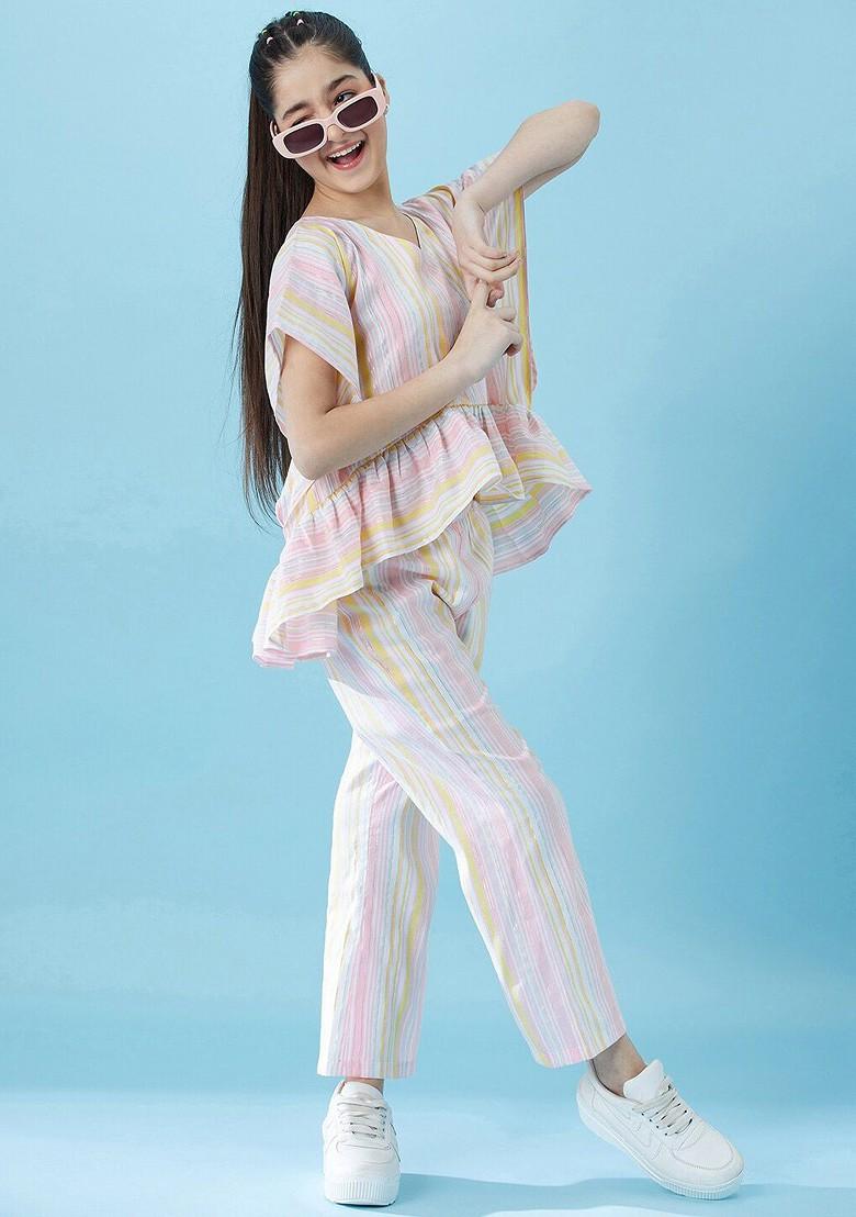 Pink Embroidered Poly Blend Co Ord Set For Girlss