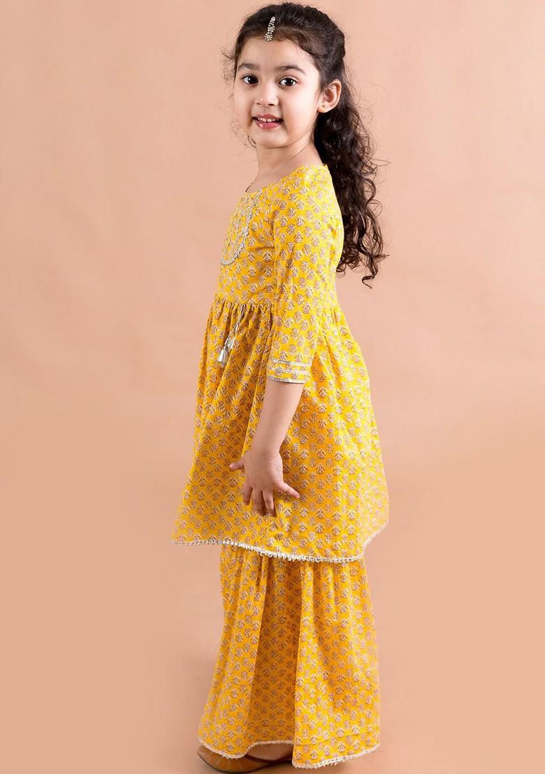 Mustard Yellow Printed Poly Blend Sharara Set With Dupatta For Girls