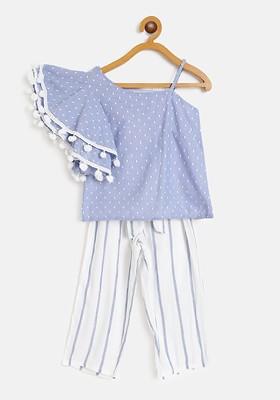 Blue Embroidered Poly Blend Co Ord Set For Girlss