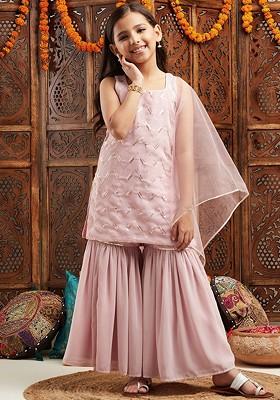 Pink Embroidered Poly Blend Sharara Set With Dupatta For Girls