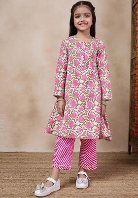 Pink Printed Poly Blend Salwar Kameez For Girls