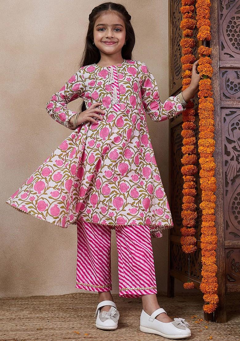 Pink Printed Poly Blend Salwar Kameez For Girls