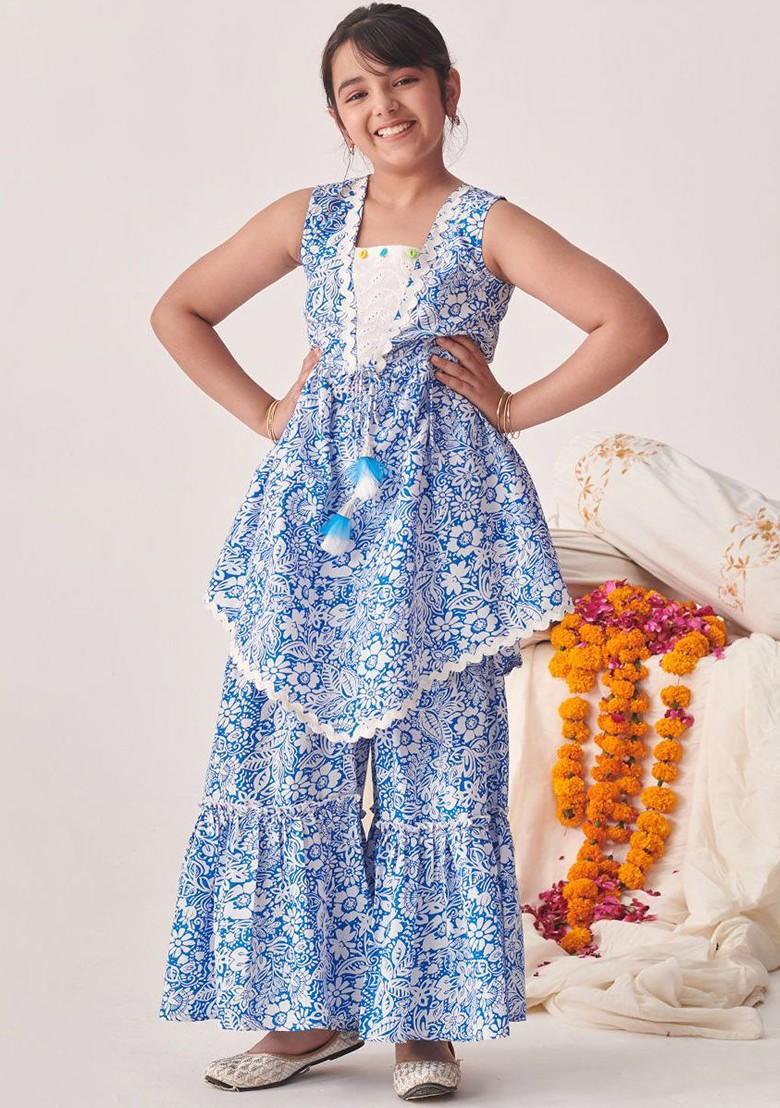 Blue Printed Poly Blend Salwar Kameez For Girls