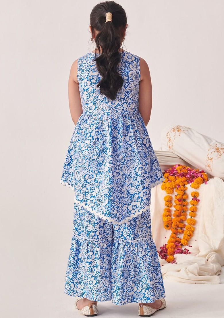 Blue Printed Poly Blend Salwar Kameez For Girls