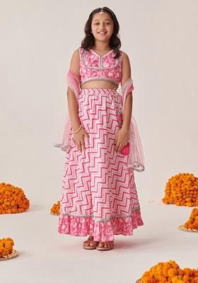 Pink Printed Poly Blend Lehenga Set With Dupatta For Girls