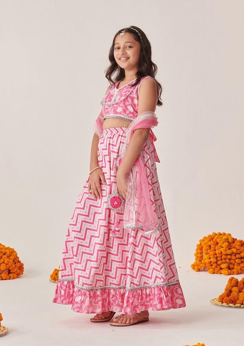 Pink Printed Poly Blend Lehenga Set With Dupatta For Girls