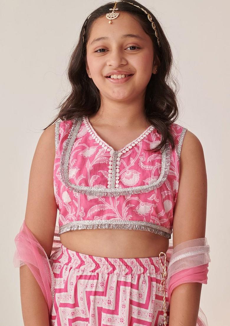 Pink Printed Poly Blend Lehenga Set With Dupatta For Girls