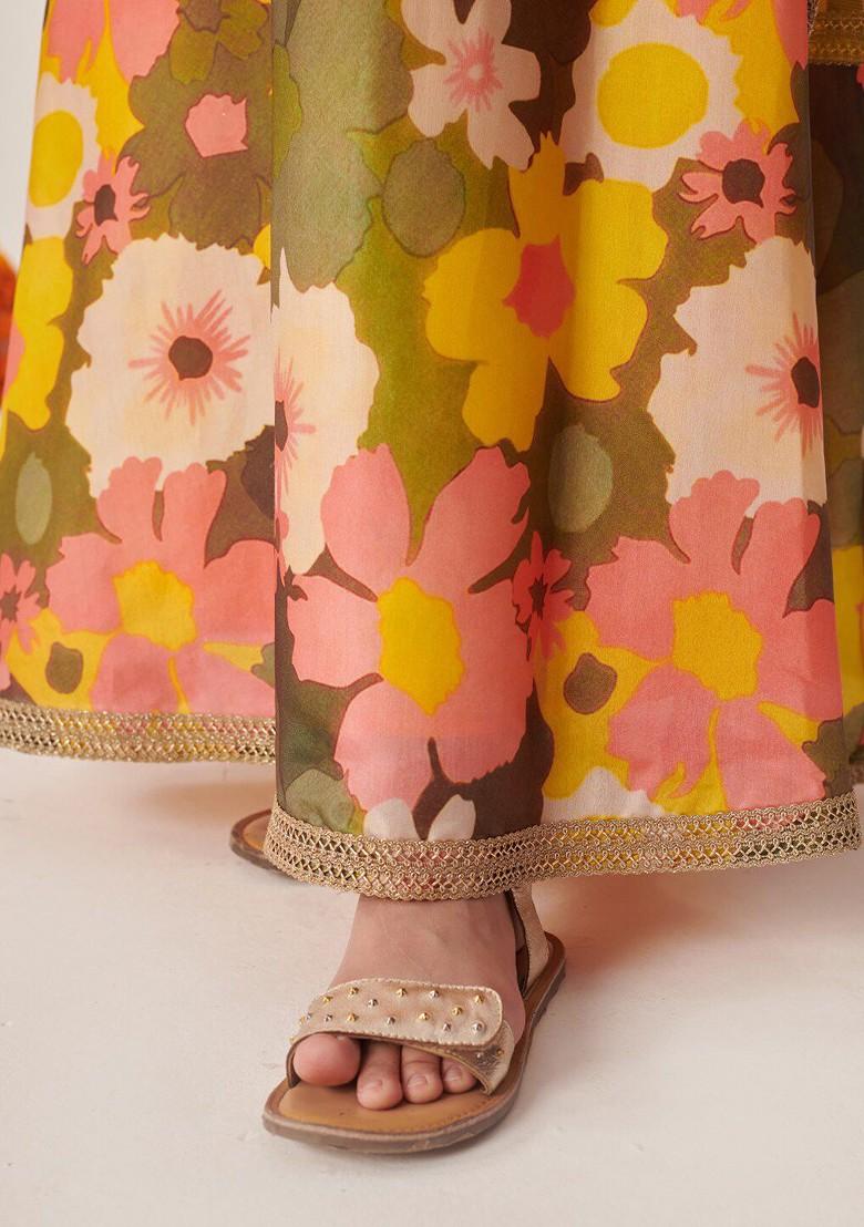 Yellow Printed Poly Blend Lehenga Set With Dupatta For Girls