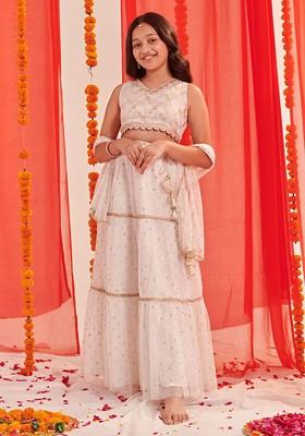 White Printed Poly Blend Lehenga Set With Dupatta For Girls
