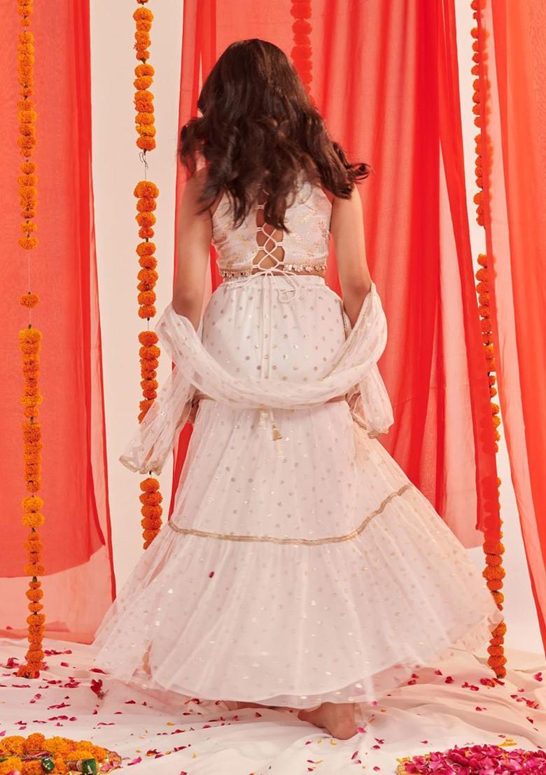 White Printed Poly Blend Lehenga Set With Dupatta For Girls