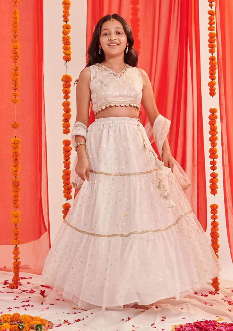White Printed Poly Blend Lehenga Set With Dupatta For Girls