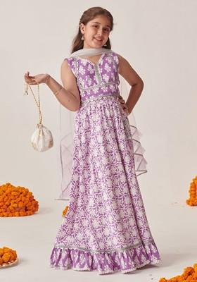 Lavender Printed Poly Blend Lehenga Set With Dupatta For Girls