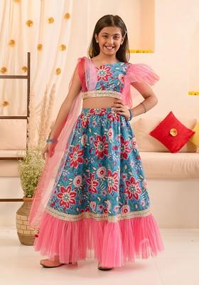 Blue Printed Poly Blend Lehenga Set With Dupatta For Girls
