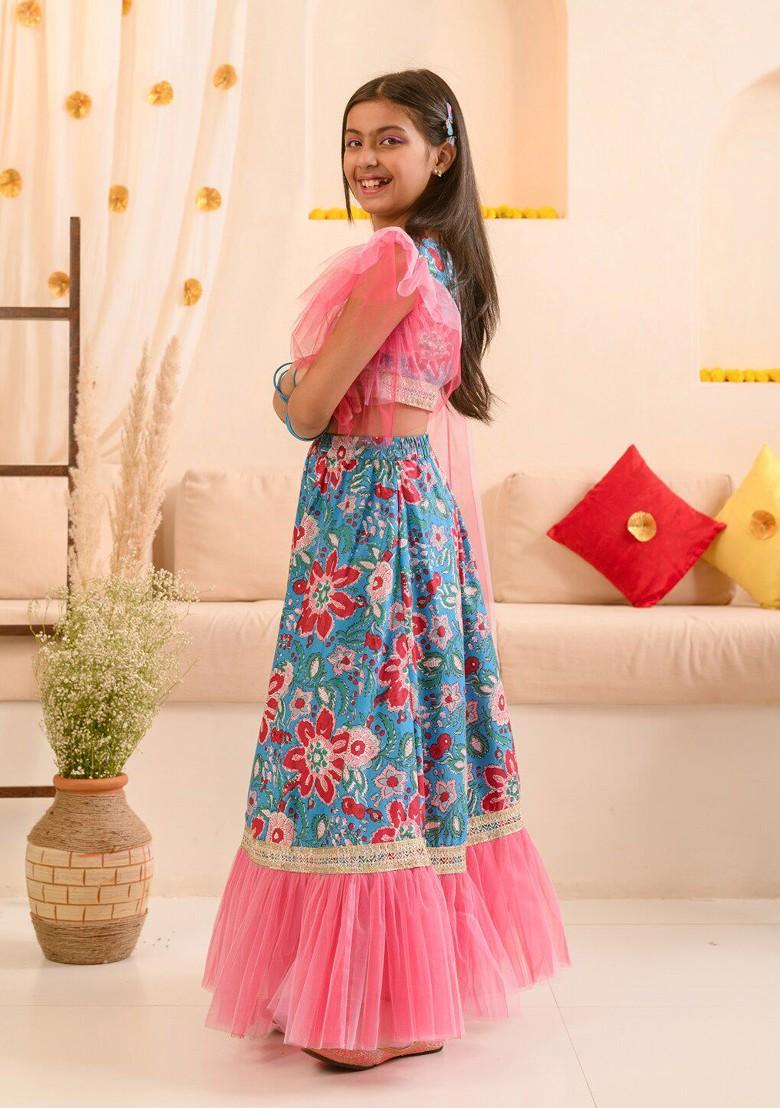 Blue Printed Poly Blend Lehenga Set With Dupatta For Girls