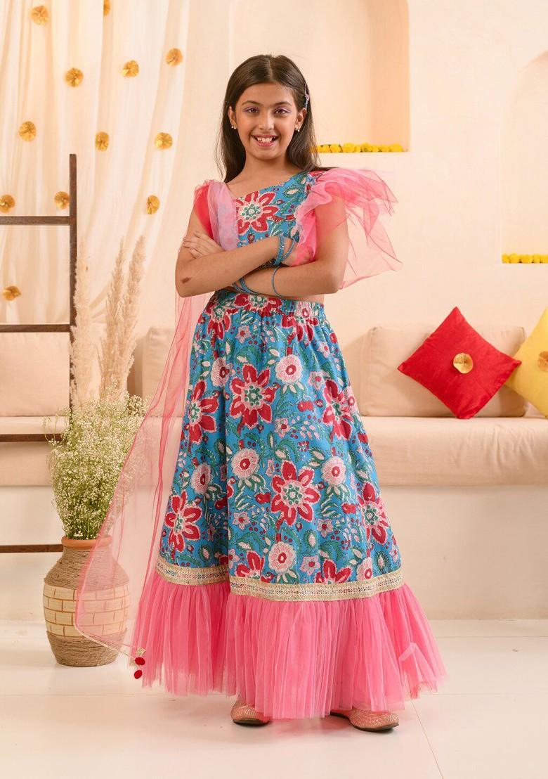 Blue Printed Poly Blend Lehenga Set With Dupatta For Girls