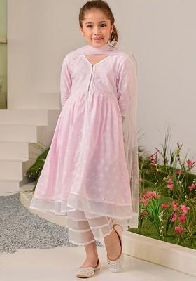 Pink Printed Poly Blend Palazzo Set With Dupatta For Girls