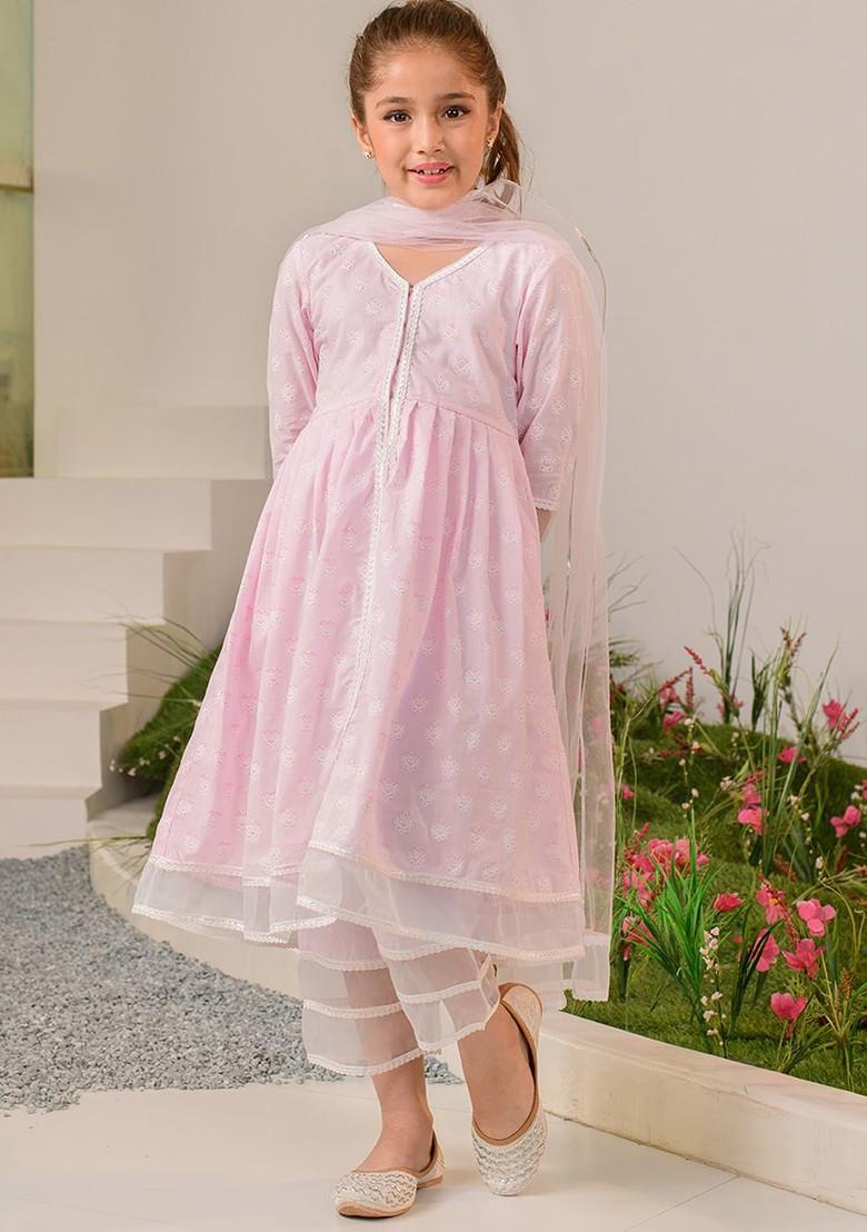 Pink Printed Poly Blend Palazzo Set With Dupatta For Girls