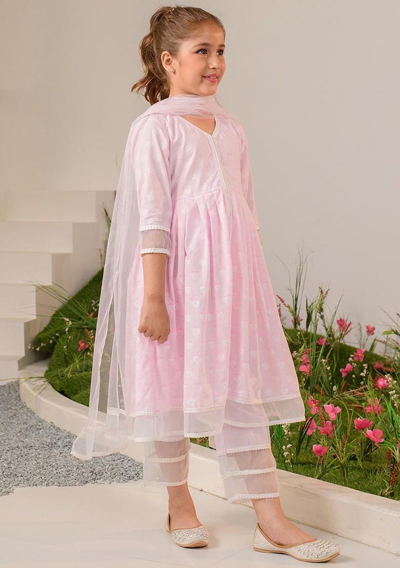 Pink Printed Poly Blend Palazzo Set With Dupatta For Girls