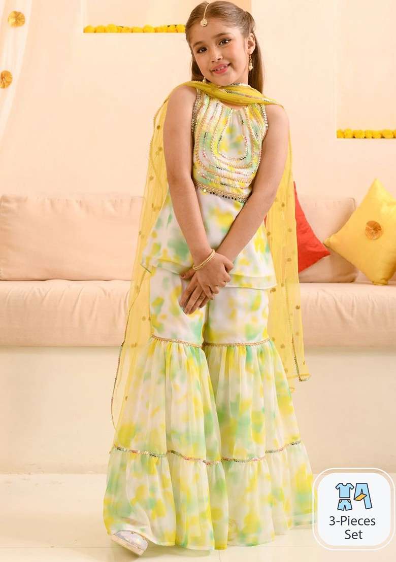 White Printed Poly Blend Sharara Set With Dupatta For Girls - Indya