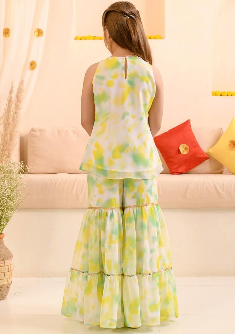 White Printed Poly Blend Sharara Set With Dupatta For Girls