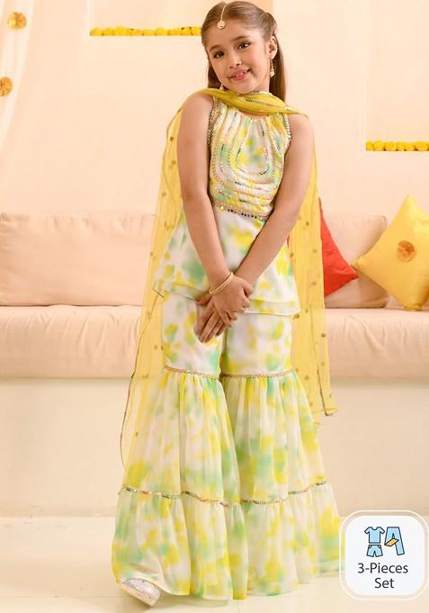 White Printed Poly Blend Sharara Set With Dupatta For Girls — view on Indya