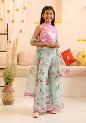 Green Embroidered Poly Blend Co Ord Set For Girlss