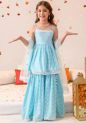 Blue Embroidered Poly Blend Sharara Set With Dupatta For Girls