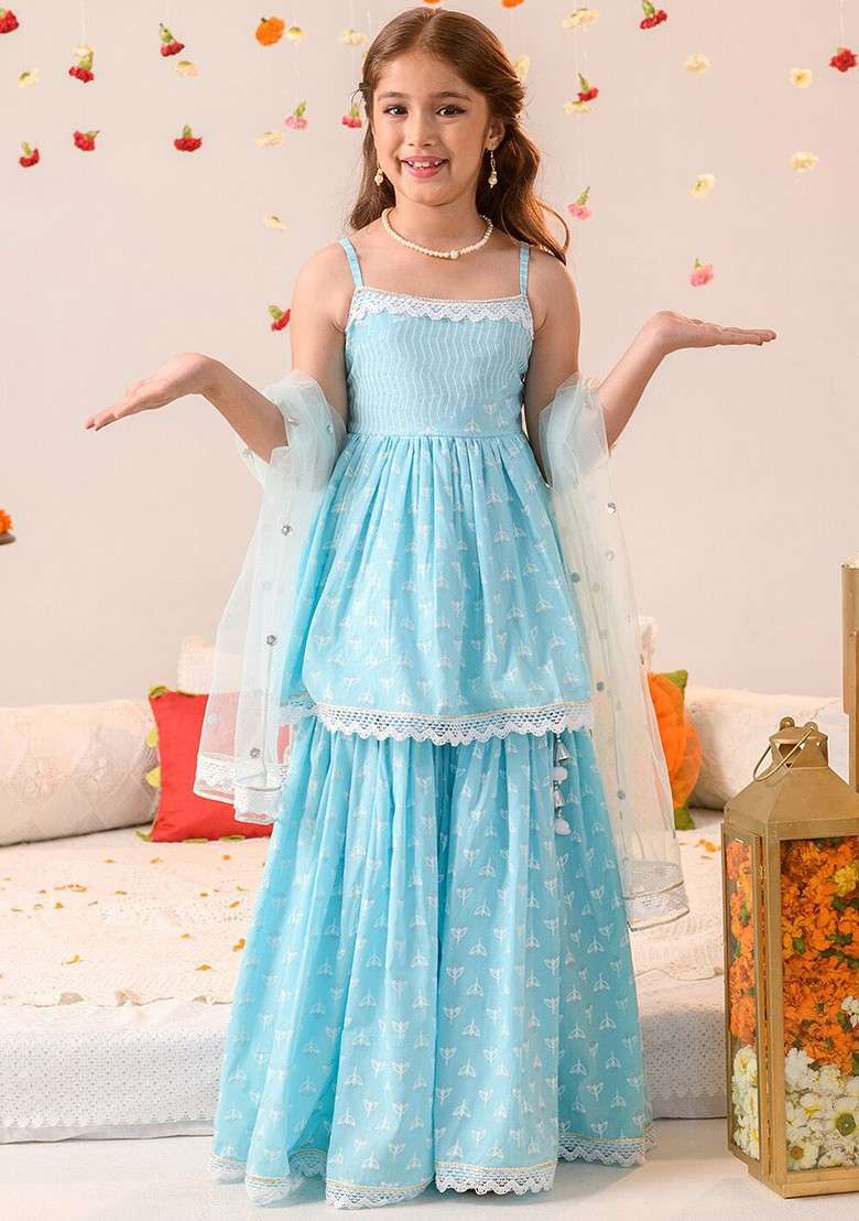 Blue Embroidered Poly Blend Sharara Set With Dupatta For Girls - Indya