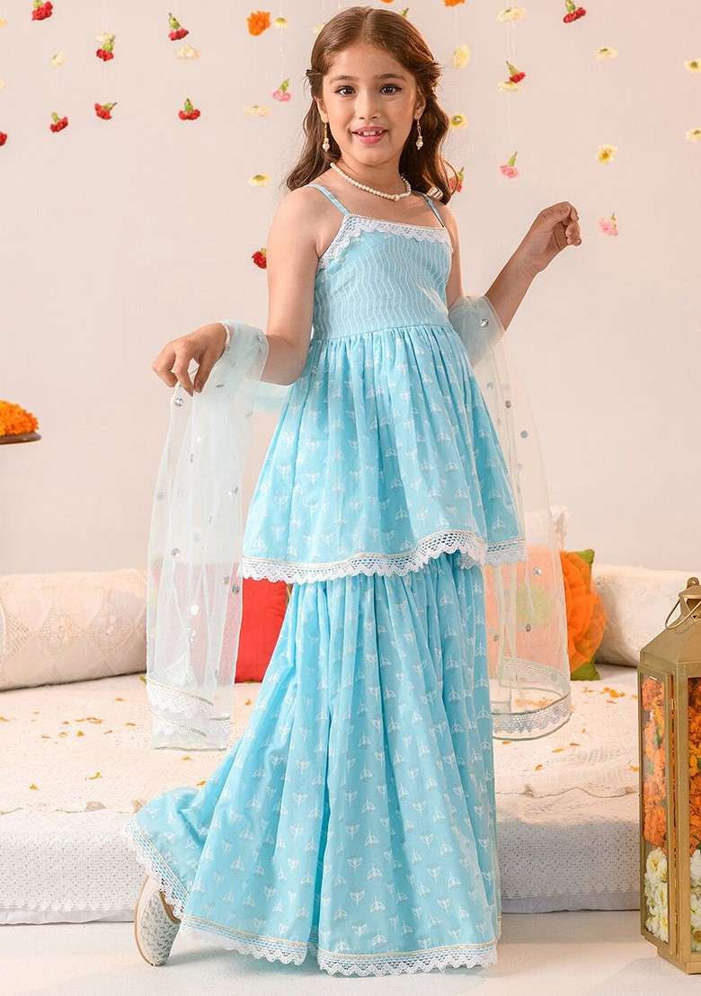 Blue Embroidered Poly Blend Sharara Set With Dupatta For Girls - Indya