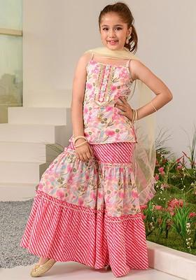 Pink Printed Poly Blend Sharara Set With Dupatta For Girls