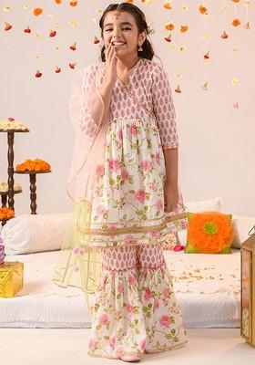 Off White Printed Poly Blend Sharara Set With Dupatta For Girls