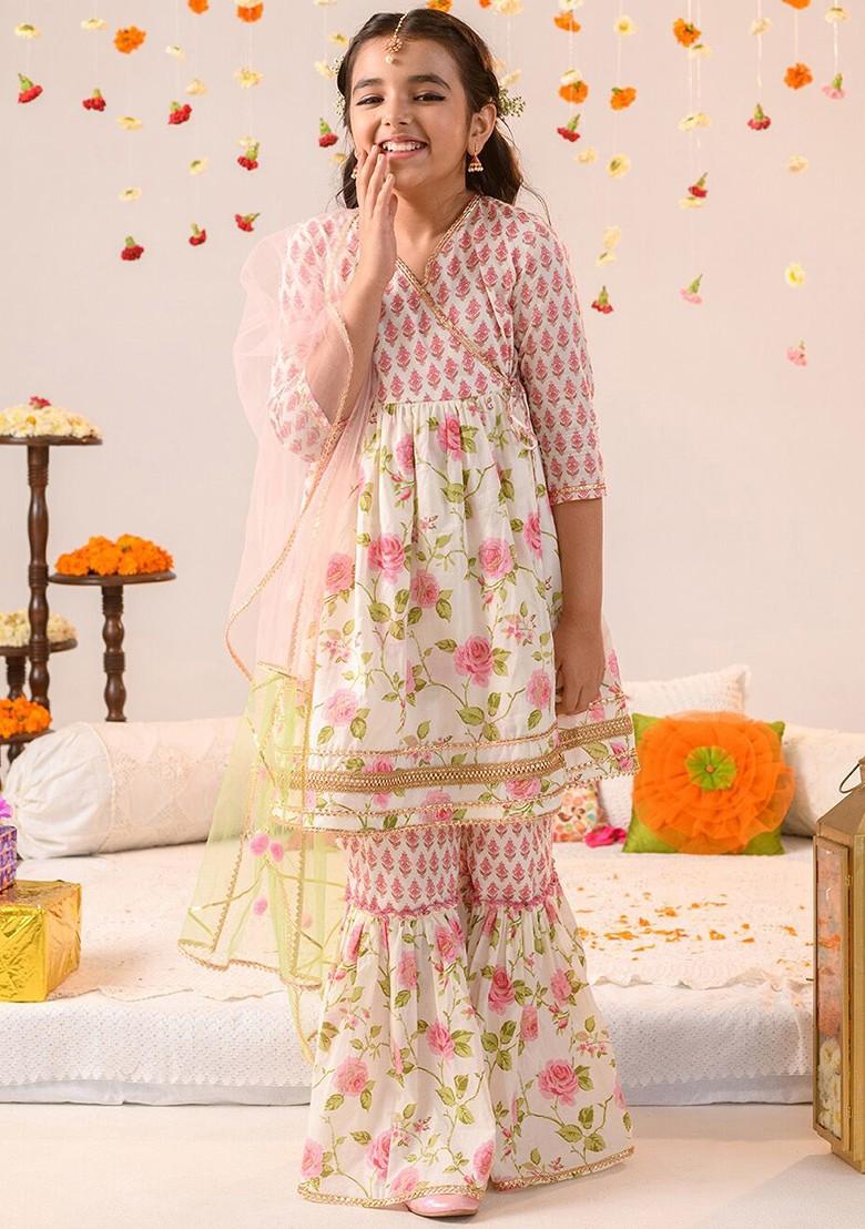 Off White Printed Poly Blend Sharara Set With Dupatta For Girls