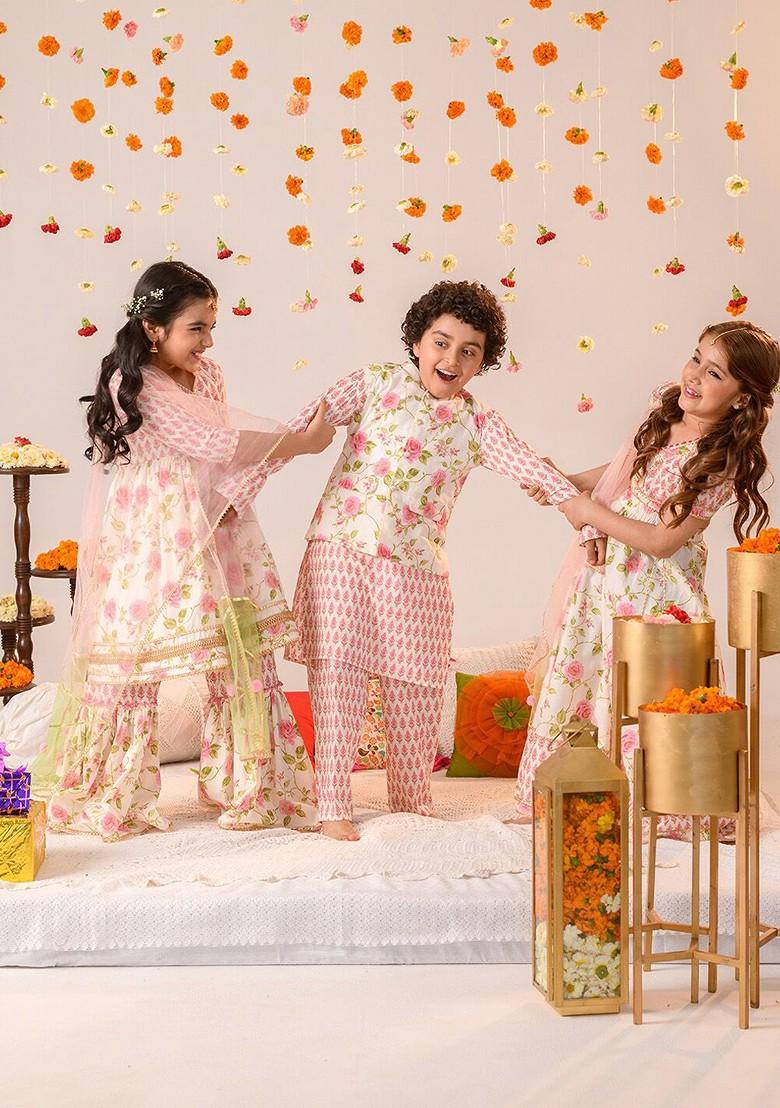 Off White Printed Poly Blend Sharara Set With Dupatta For Girls