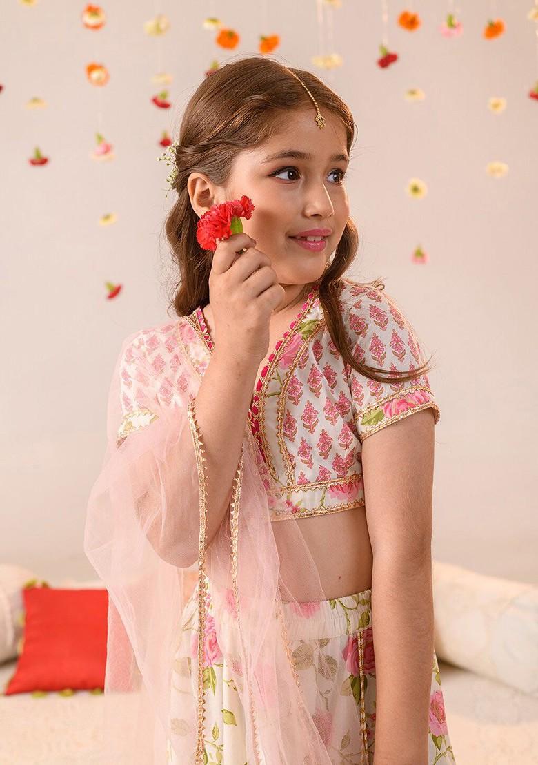 Off White Printed Poly Blend Lehenga Set With Dupatta For Girls