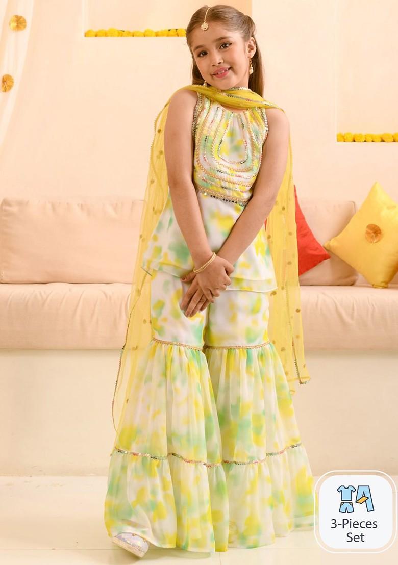 White Embroidered Poly Blend Sharara Set With Dupatta For Girls