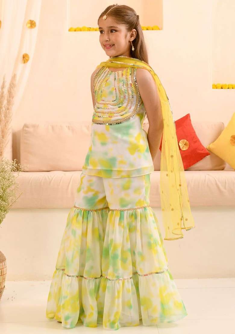 White Embroidered Poly Blend Sharara Set With Dupatta For Girls - Indya