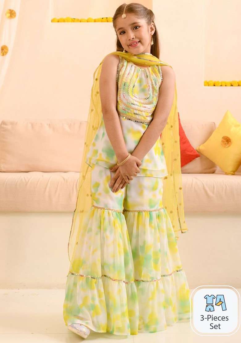 White Embroidered Poly Blend Sharara Set With Dupatta For Girls - Indya