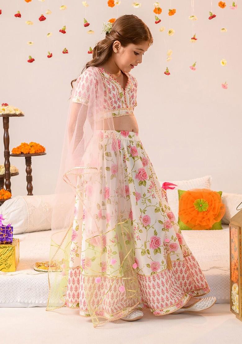 Off White Printed Poly Blend Lehenga Set With Dupatta For Girls