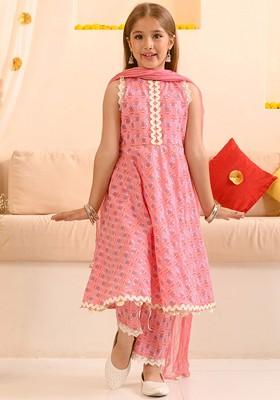 Pink Printed Poly Blend Salwar Kameez With Dupatta For Girls