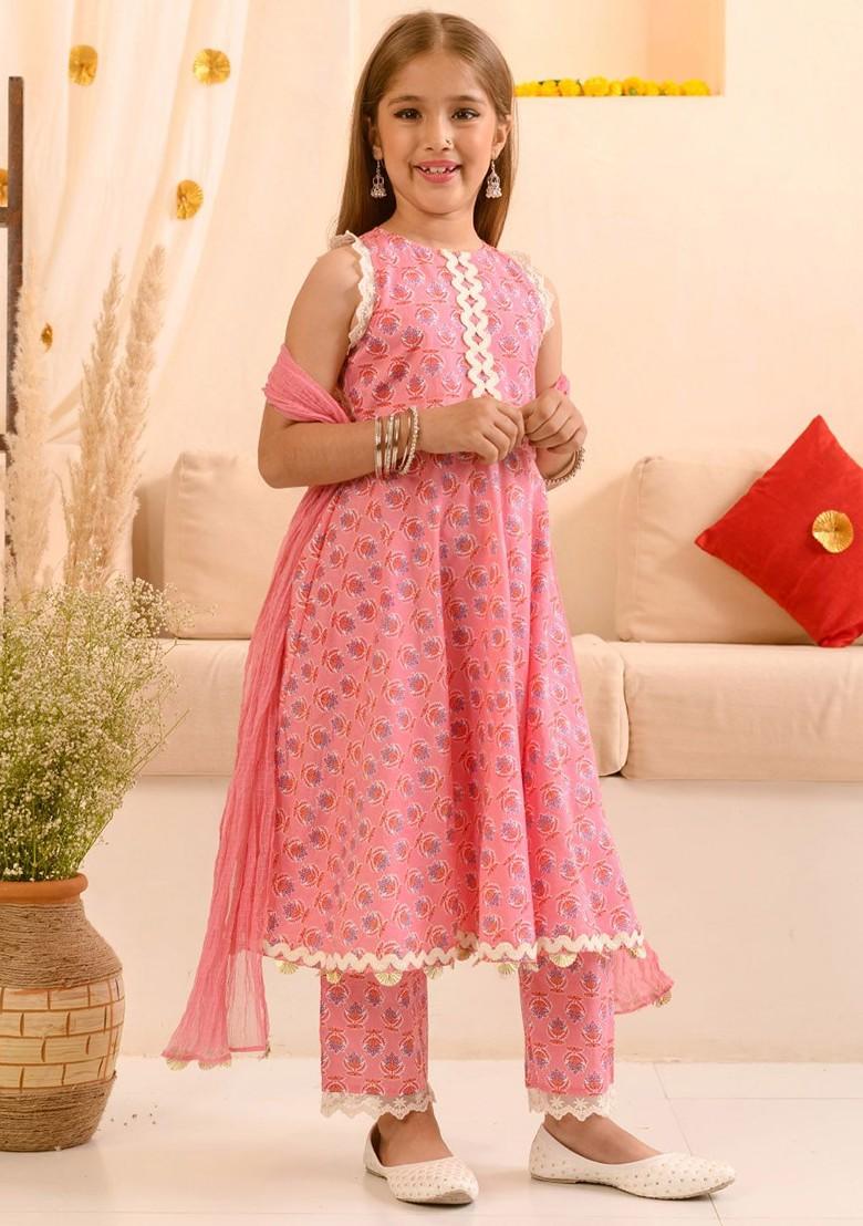 Pink Printed Poly Blend Salwar Kameez With Dupatta For Girls