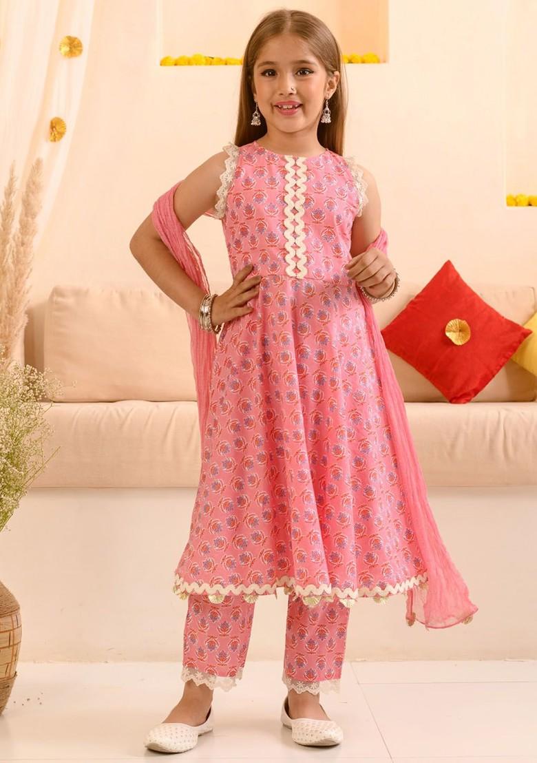 Pink Printed Poly Blend Salwar Kameez With Dupatta For Girls