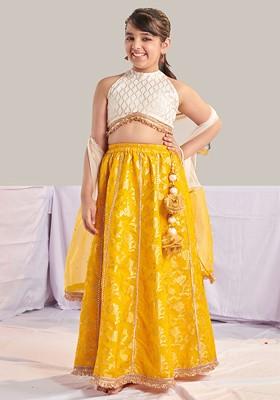 Yellow Printed Poly Blend Lehenga Set With Dupatta For Girls