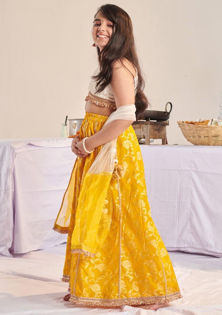 Yellow Printed Poly Blend Lehenga Set With Dupatta For Girls