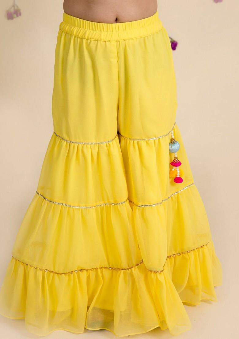 Yellow Embroidered Poly Blend Sharara Set With Dupatta For Girls